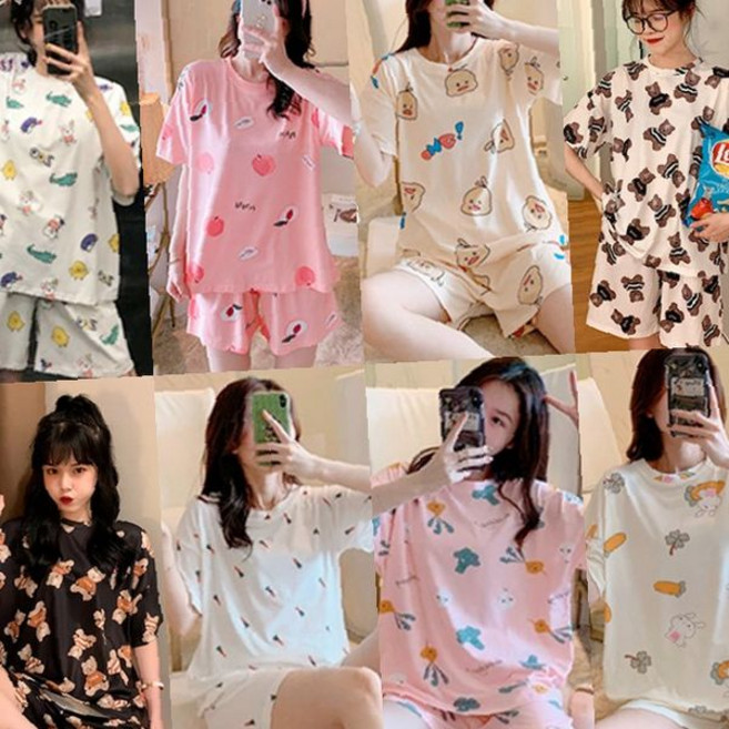 여성용 가정용 반소매 반바지 면소재 잠옷 세트 홈웨어 실내복 수면복 여름용 통풍