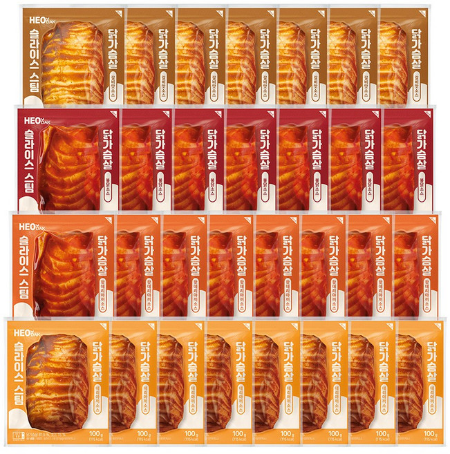 허닭 슬라이스 스팀 소스 닭가슴살 100g 4종 혼합, 30개