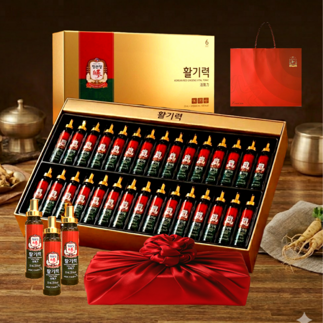 정관장 홍삼정 활기력 홍삼진액 20ML x 30세트(홍삼농축액 멀티비타함유) + 쇼핑백 가정의달 부모님 명절 여행 골프 선물세트(보자기포함), 1박스, 600ml