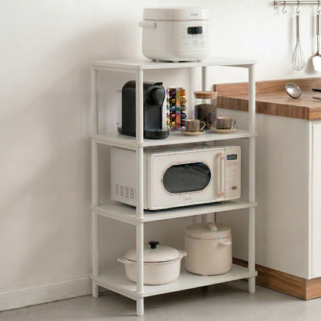 소프트엣지 다용도 렌지대 선반 전자레인지 수납장, 4단, 화이트