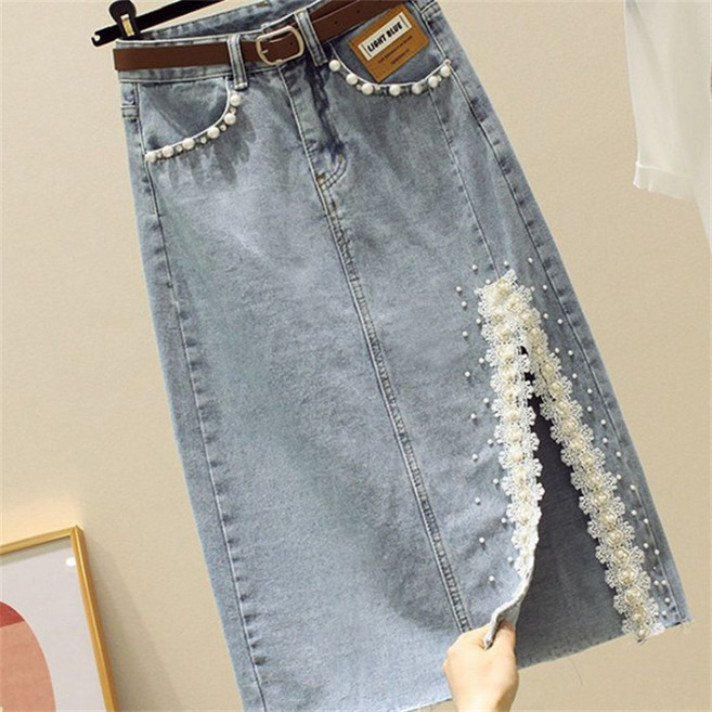 AOKADA 여성 데님 스커트 레이스 옆트임 A라인 롱 청치마