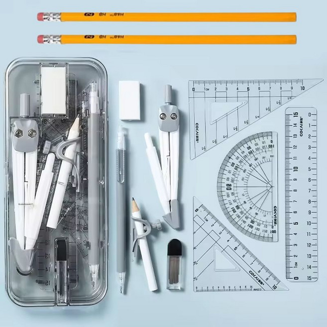 CLASSYDAY 제도용 설계용 각도기 컴퍼스 삼각자+오피스연필 2EA 12종 세트, 1개, 화이트