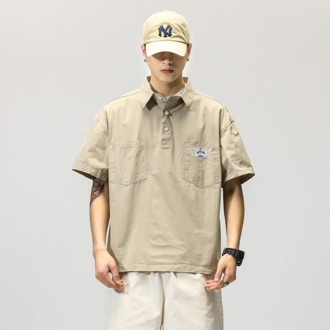 男款短袖POLO衫，大碼工裝口袋，涼感寬鬆襯衫