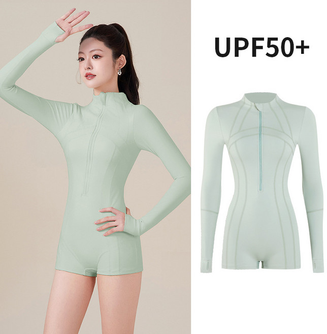 衝浪游泳衣女士長袖平角專業級防曬UPF50+連體速幹潛水服水母衣女, XXL