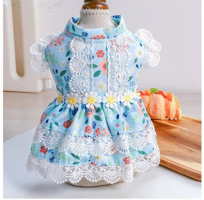 멍냥이월드 강아지옷 꽃무늬 레이스 원피스, 스카이블루, 1개