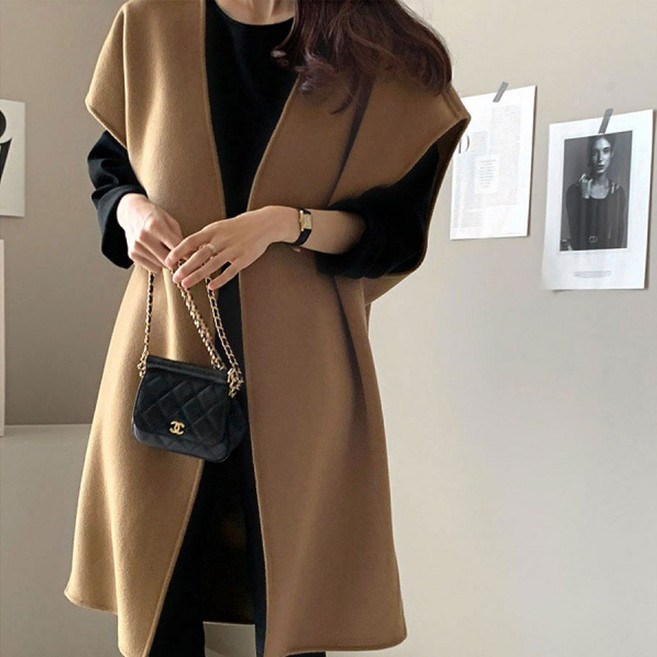 POMTOR 여성 모직 코트 가디건 롱 조끼 베스트 겨울 롱 망토 자켓 아우터