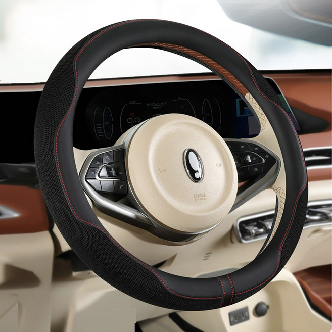 벤비아믹스 썸핏 에어메쉬 여름 핸들커버 가죽 쾌적한 그립감 땀방지 사계절 시원한 핸들카바 00814, 블랙레드