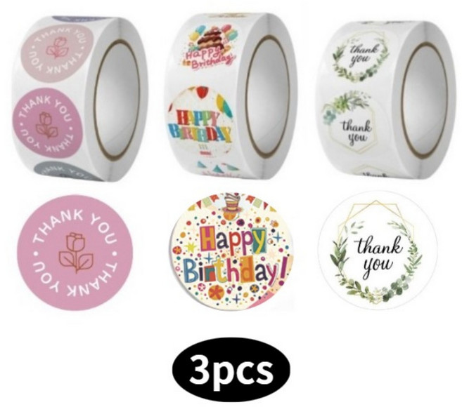 네오픽 포장 롤스티커 원형 땡큐 생일축하 2.5cm 500p 혼합색상 3종세트, 무작위, 3개