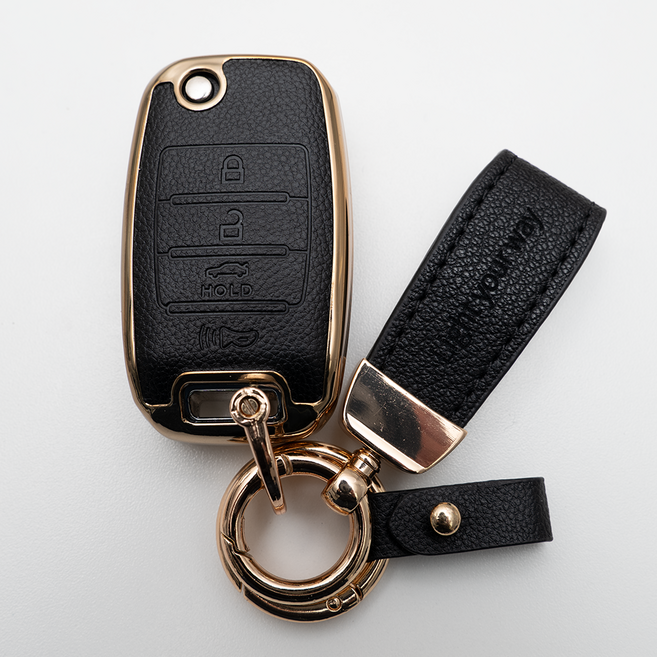 양면각인 기아 호환 카렌스 쏘렌토UM 쏘울 스포티지R 스포티지SL 스포티지QL 니로 K3 K5 카니발YP 리모컨 가죽 차키케이스 커버 폴딩 4버튼 키홀더 스트랩, KH17_TL46, 블랙골드