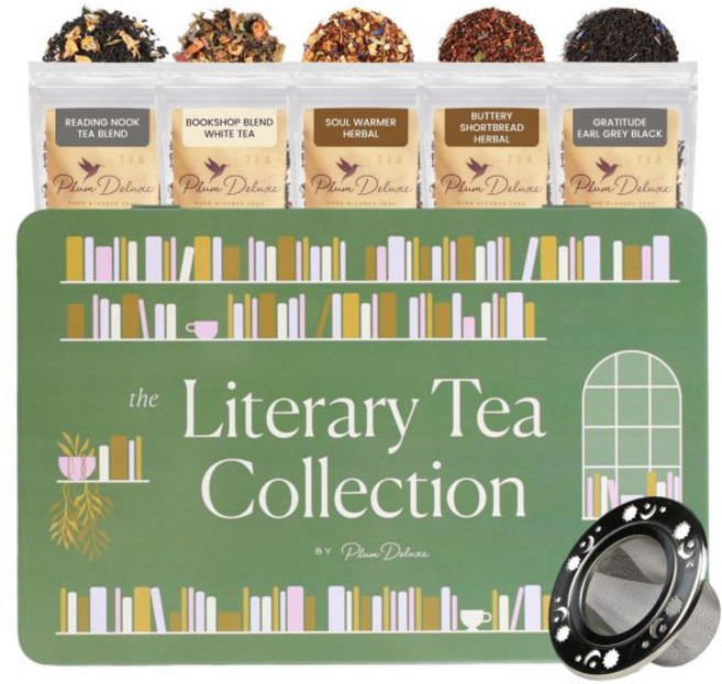 루스 리프 티 샘플러 – 카페인 함유 블렌드 5종 (크림 브륄레 얼 그레이 복숭아 우롱 시트러스 민트 피칸 플로럴 블랙) 75~100잔 분량 미국 수제 제작 플럼 디럭스, 문학 차 컬렉션