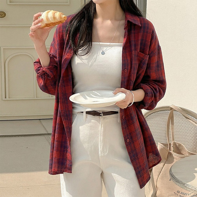 데일리앤 타운 시원한 아사면 오버핏 체크 남방 셔츠 봄 여름 가을 살안타템 장마룩