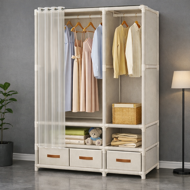 조립식 철제 부직포 간이 옷장 비키니 옷장 시스템 옷장 커버 수납형 행거 2단 3단 4단, 블랙