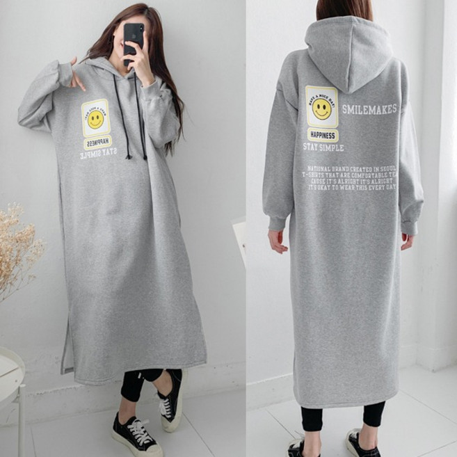 기모스마일 롱후드원피스)기모면원단 겨울 밑단트임 옆트임 포켓 주머니 모자롱티셔츠 후드롱 그림프린팅 나염 박스핏 오버핏