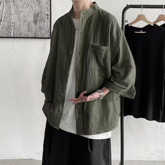 七分袖亞麻襯衫 寬鬆立領短袖襯衣 潮流港風百搭休閒襯衫 (M-3XL)