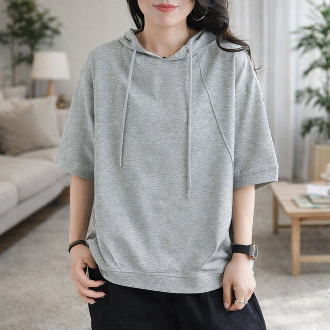 루미빈 여성 순면 후드 프린트 루즈핏 반팔 티셔츠