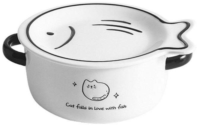 BLOWFISHFUGU 귀여운 고양이 양손 스프볼 라면그릇 손잡이라면그릇 뚜껑라면기, 1개, 화이트A