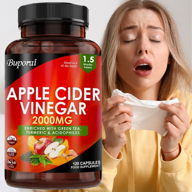 사과식초 캡슐 100% 순수 ACV 2000mg - 녹차 강황 검은 후추와 아시도필루스 첨가 - 2개월분 - 무미 & 비건 - ACV 젤리 또는 정제 아님, 2개, 60정