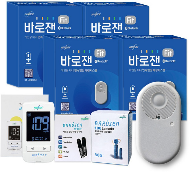 한독 바로잰 핏 fit 연속 무채혈 혈당 측정기 15일 4세트+바로잰 혈당 당뇨 측정기 시험지 용품 1세트, 1개, 본품4개+혈당측정세트