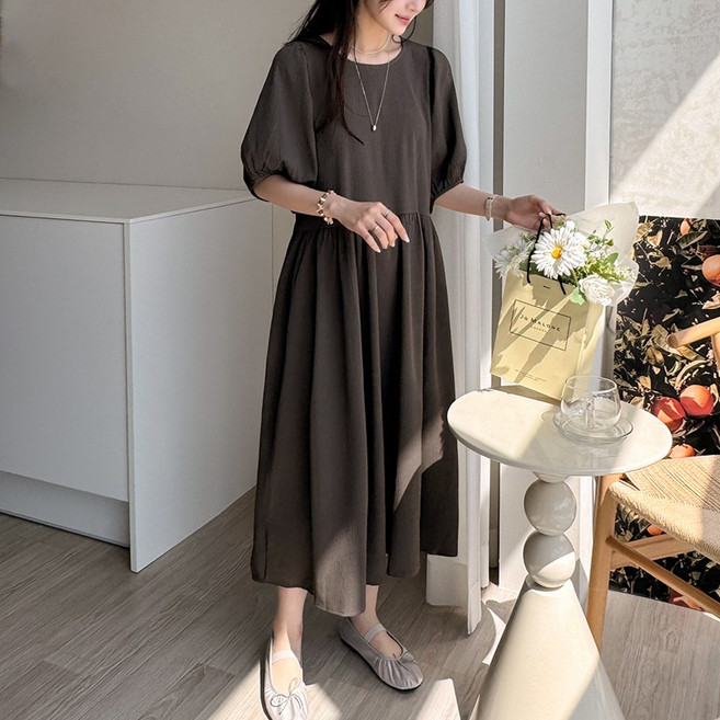 데일리앤 리벨 여성 루즈핏 플레어 린넨 퍼프 반팔 롱 원피스 봄 여름 빅사이즈