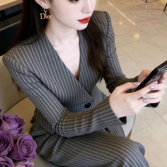 해피유통 여성 정장 세트 줄무늬 브이넥 코트 +하이웨스트 캐주얼 와이드 팬츠 투피스 출근룩 swn