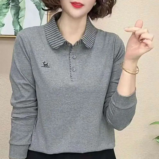 Neirny 중장년여성 폴로넥 긴팔티셔츠 빅사이즈 봄 가을 루즈핏 엄마 카라넥 골프웨어 데일리 스판 베이직 루즈핏 티셔츠