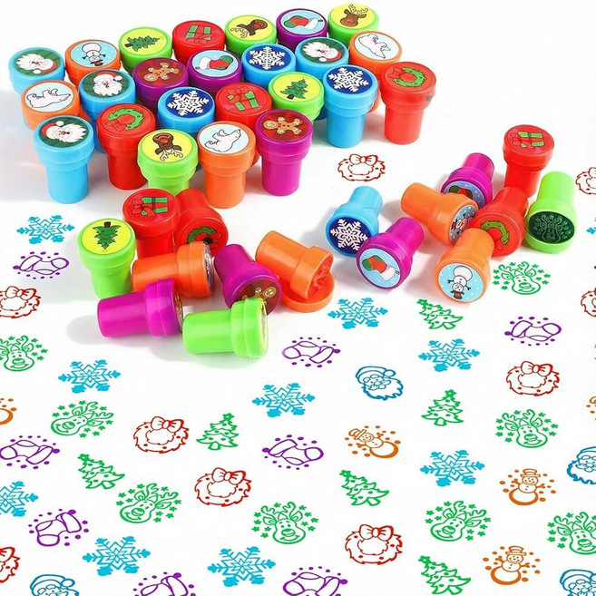 WILLBON 온D 겨울 스탬프 40개 밝고 다채로운 플라스틱 눈송이 다양한 셀프 잉크 스탬퍼 눈사람 패턴 포함 카드 제작 상품 크리스마스 파티 용품 191201, 크리스마스 스타일