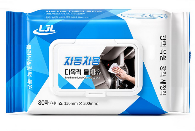 LJL 80매 차량 내부 세정물티슈 차량용 실내 클리닝 물티슈 자동차 가죽 시트 대시보드 오염 제거 다용도 세정 티슈, 1개, 80개
