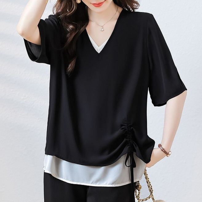 ROYALBELLE 여성 브이넥 레이어드 배색 스트링 반소매 얇은 빅사이즈 루즈핏 캐주얼 쉬폰 블라우스 R0030914