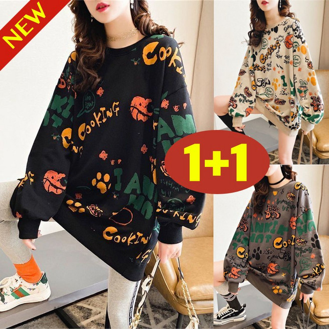150kg까지 1+1 날씬해보이는 여성 라운드 캐릭터 프린트 귀여운 하프 맨투맨 긴팔 티 가을 겨울 빅사이즈 오버핏 배색 ins 이모티콘 BF 레터링 간절기 이너 캐주얼 티셔츠