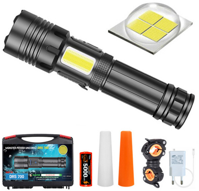 XHP70 몬스터파워유니콘2 손전등 충전식 LED 후레쉬 줌 써치라이트, 1개, 혼합색상
