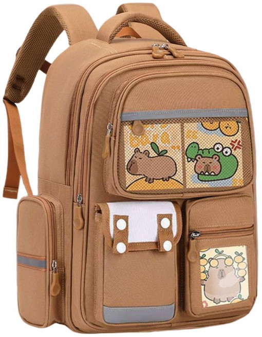 CAPYBARA 卡皮巴拉兒童書包 國小護脊減負雙肩包 大容量輕量防水後背包 棕色小號附吊飾