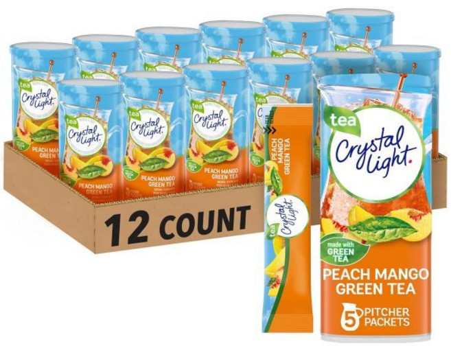 Crystal Light 아이스티 에이드 원액 분말 가루 크리스탈 라이트 복숭아 망고 녹차 자연 향료 음료 믹스 60개입 팩 12개 캔스터의 5피처 패킷