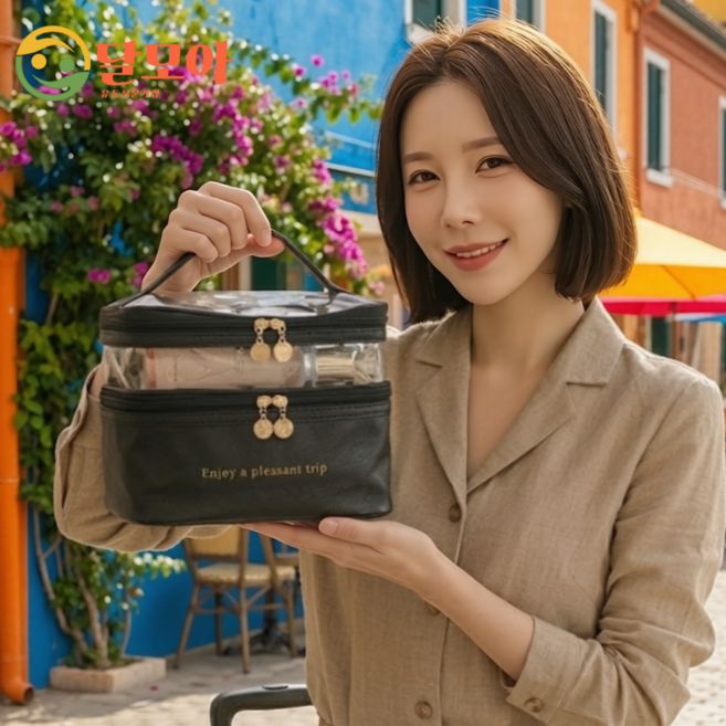달모아 심플 상단 투명 방수 가죽 다용도 2단 화장품 정리 파우치 대형 분리수납 출장 여행용 메이크업 수납 휴대용 가방