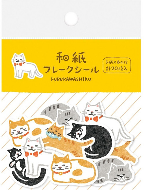FURUKAWASHIKO 일본풍 플레이크 스티커 5종 각4매, 고양이, 1개