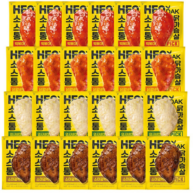 허닭PICK 소스 통 닭가슴살 4종 혼합 (떡볶이맛 닭갈비 소이갈릭 와사비마요), 24개, 100g