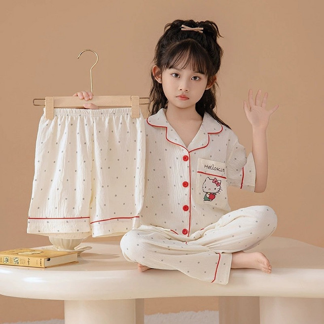 다나에 헬로키티 캐릭터 아동 여성 쓰리피스 여름 체크 반팔+반바지+긴바지 실내복 잠옷 세트 +준펑이커머스 머리끈