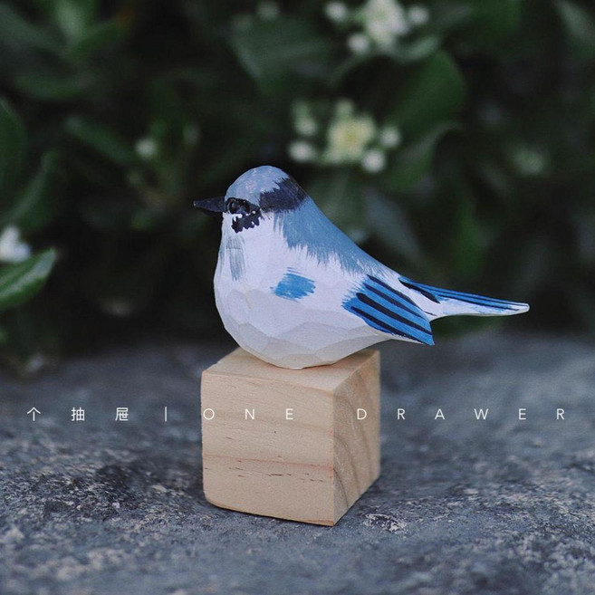 手工實木木鵰玄鳳鸚鵡擺件 可愛桌面裝飾品, 1個, 灰藍山雀送木塊