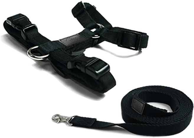 아띠지기 강아지 앞섬방지 H형 하네스 + 웨빙 리드줄 세트, 블랙, 1세트