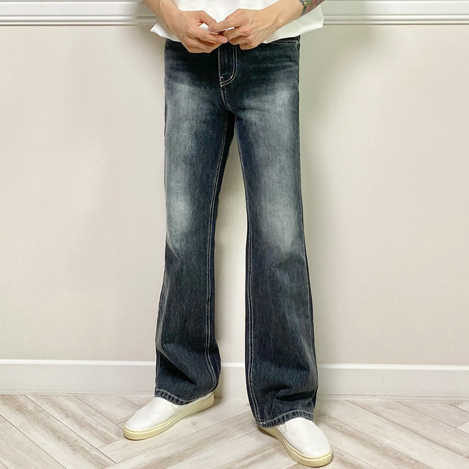 우라 남자 세미와이드 부츠컷 흑청 블루 데님팬츠