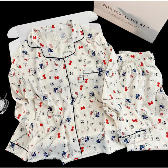 Lris 헬로키티 남녀공용 잠옷세트 봄가을 커플 홈웨어 상하세트