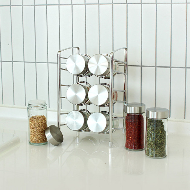 공간앤 주방 양념통 정리대 2단 선반 스텐 우드 뚜껑 유리병100ml 6칸 / 9칸, 스텐레스 랙+스텐뚜껑 유리병, 6개