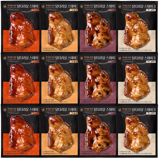 [무료배송/당일발송] 푸라닭 순살 국내산 닭다리살 스테이크 4종 혼합구성, 130g, 12개
