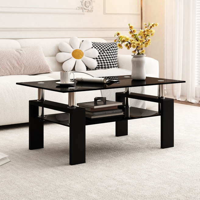 거실 소파테이블 2단 강화유리 예쁜 거실 테이블, 블랙