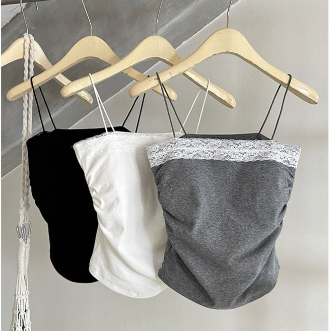 젬버트 스퀘어넥 순면 레이스 셔링 레이어드 캡나시 2장세트