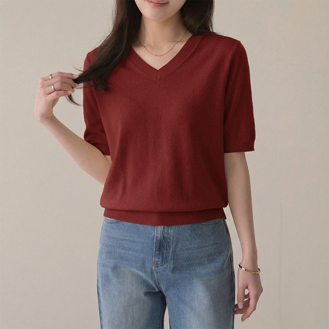 데일리앤 비토 14컬러 부드러운 여성 브이넥 기본 무지 5부 반팔 니트 티셔츠