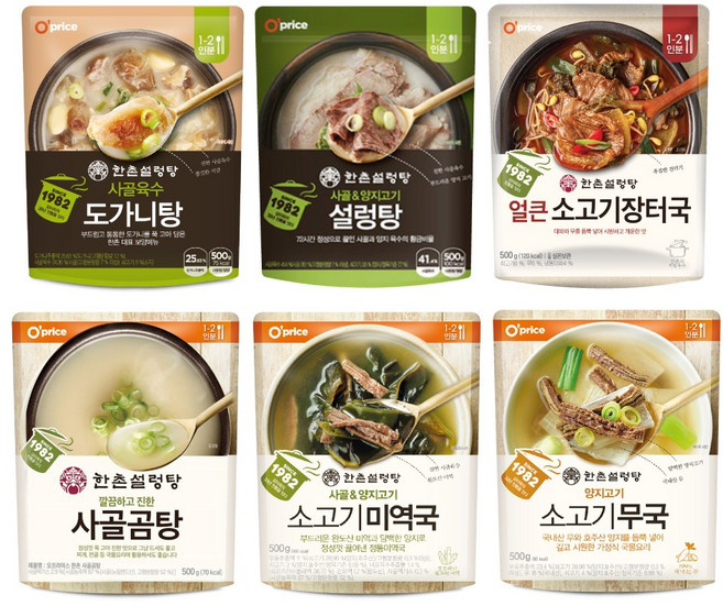 한촌설렁탕 국탕 집밥해결템 세트 (도가니탕+설렁탕+곰탕+미역국+소고기장터국+소고기무국), 500g