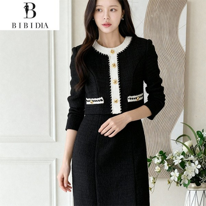 비비디아 여성용 트위드 자켓형 투피스핏 미디 원피스 하객룩 결혼식룩 정장 원피스 5581