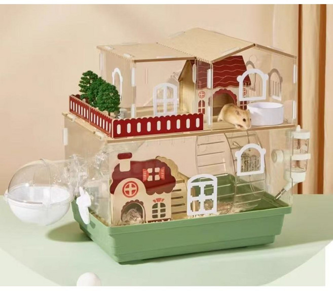 YAPOGI 세계일주 이층 햄스터 쳇바퀴 스마트리빙 케이지 완전 투명 대형 햄스터집, 1개, 그린