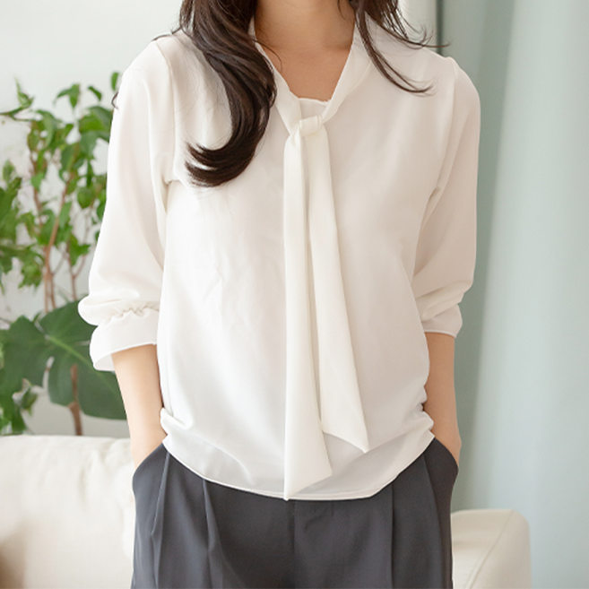 리본 블라우스 긴팔 화이트 면접 유니폼 봄 여름 가을 겨울 사계절