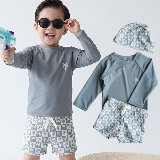 스토리원 U-KIDSWR004 아동 어린이 긴팔 래쉬가드 수영복 남아 여아 반바지 수영모 세트